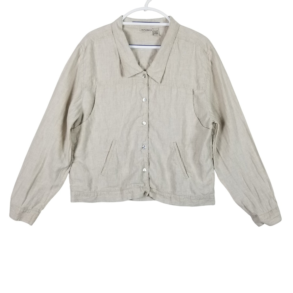 Putumayo‎ Linen Jacket Womens L Oatmeal Beige Button Front Collared Lightweight